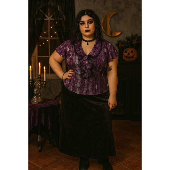 VTG Starwear 22/24 Black Velvet Burnout Rose Midi Skirt Whimsigoth Witch Y2K - Picture 1 of 7